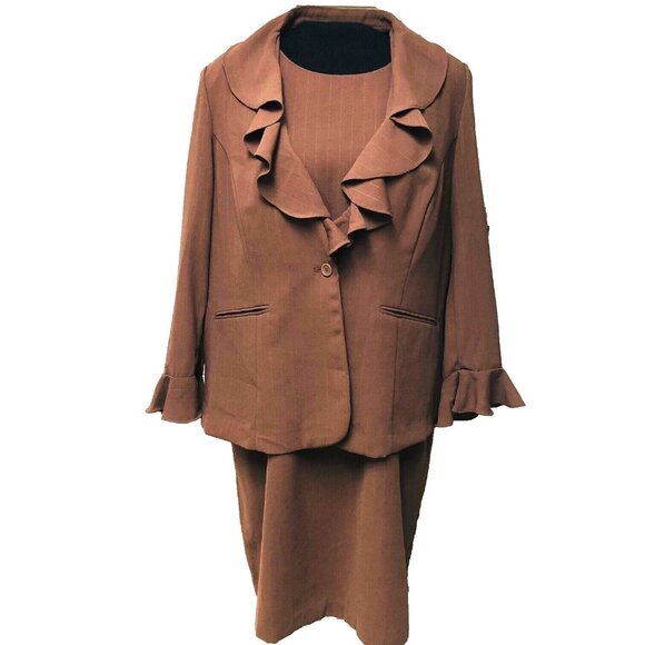 NWOT Jessica London 2 PC Brown Stripe Jacket Dress Suit Women's 22W Ruffle Lined